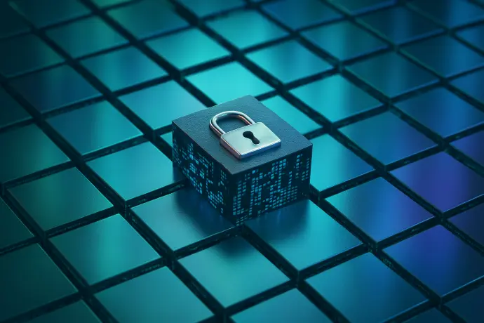 Cube with padlock icon on digital grid