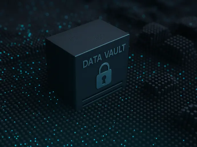 3D block labeled "Data Vault" symbolizing encrypted data storage and synchronization.