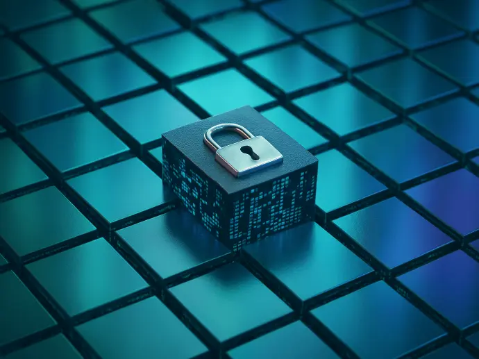 Padlock on digital grid representing quantum-safe infrastructure and network obfuscation.